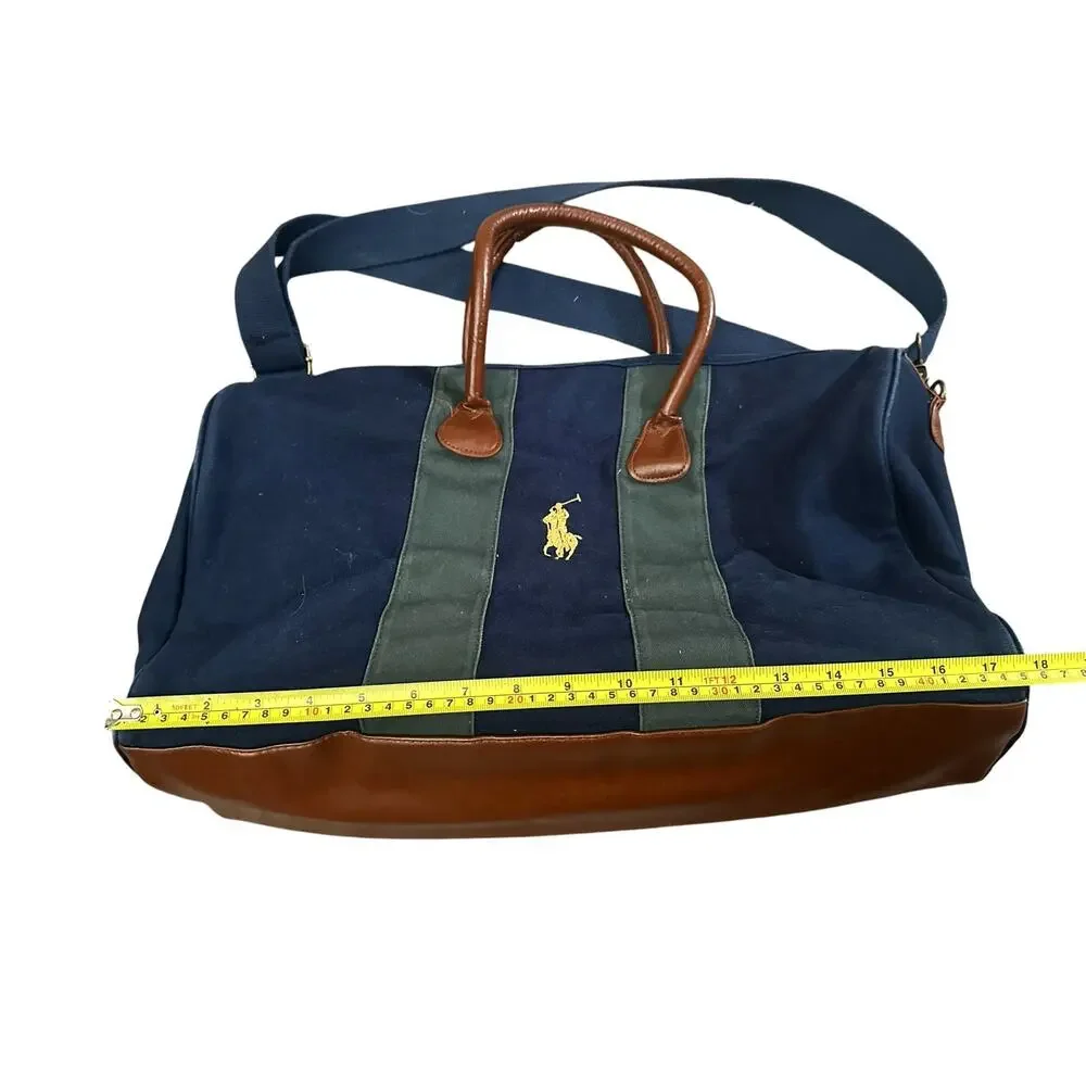 Polo Ralph Lauren Green Blue Duffle Travel Bag Canvas Weekender Pony